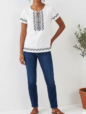 J. Crew White Short-Sleeve Embroidered Tee with Navy Accents